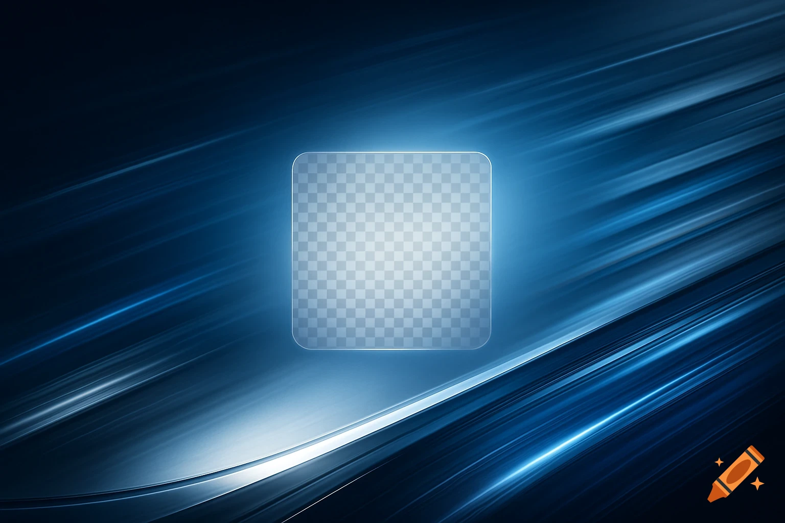 A futuristic blue and silver abstract background with dynamic speed lines and a central transparent square placeholder.
