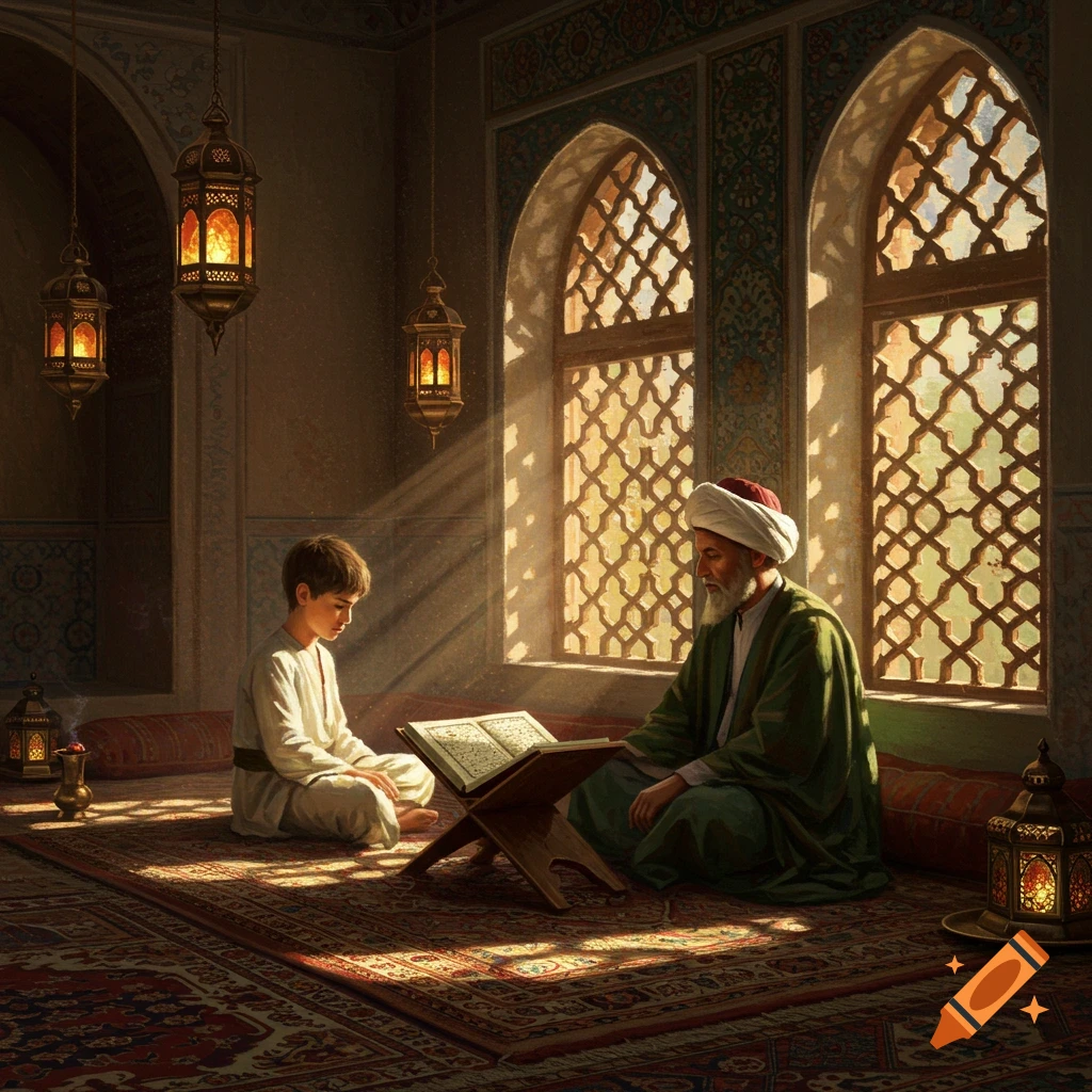 An older man and a young boy sit on a patterned rug, reading from an open book on a stand, illuminated by sunlight and lanterns in a traditionally decorated room.