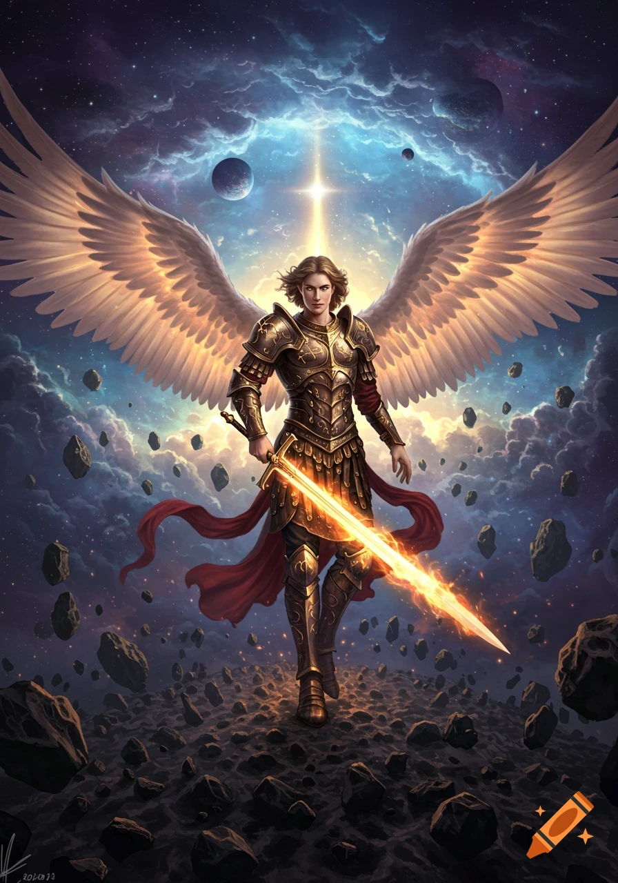 An archangel in golden armor, with large glowing wings and a flaming sword, stands on a field of floating rocks in a cosmic sky.