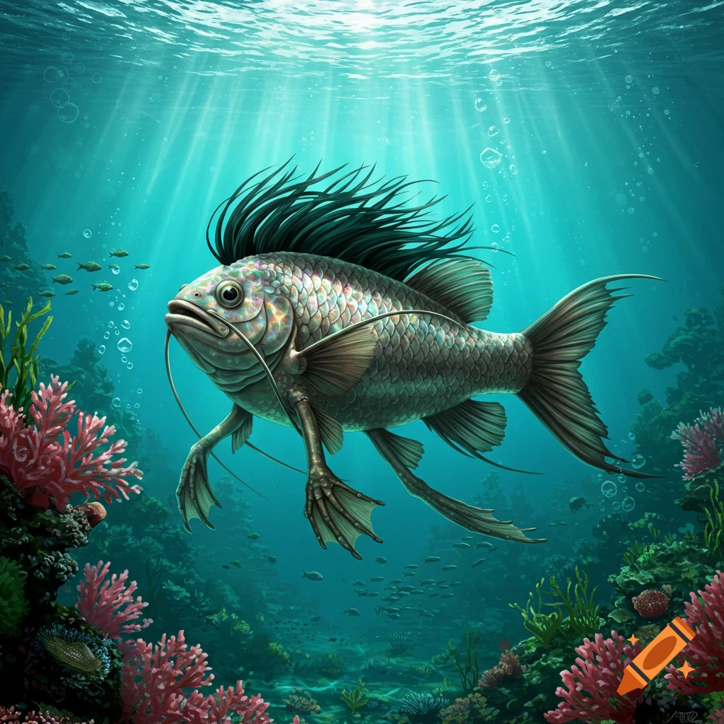 A unique fish with a scaly body, black spiky hair, and webbed feet swims underwater amidst coral reefs with rays of light shining from above.