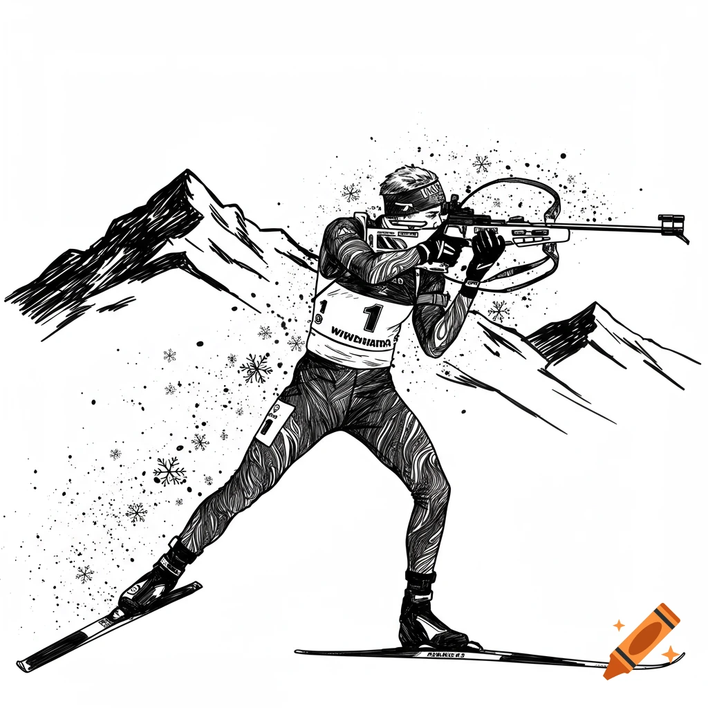 Black and white illustration of a biathlon athlete aiming a rifle on skis amidst snowy mountains.