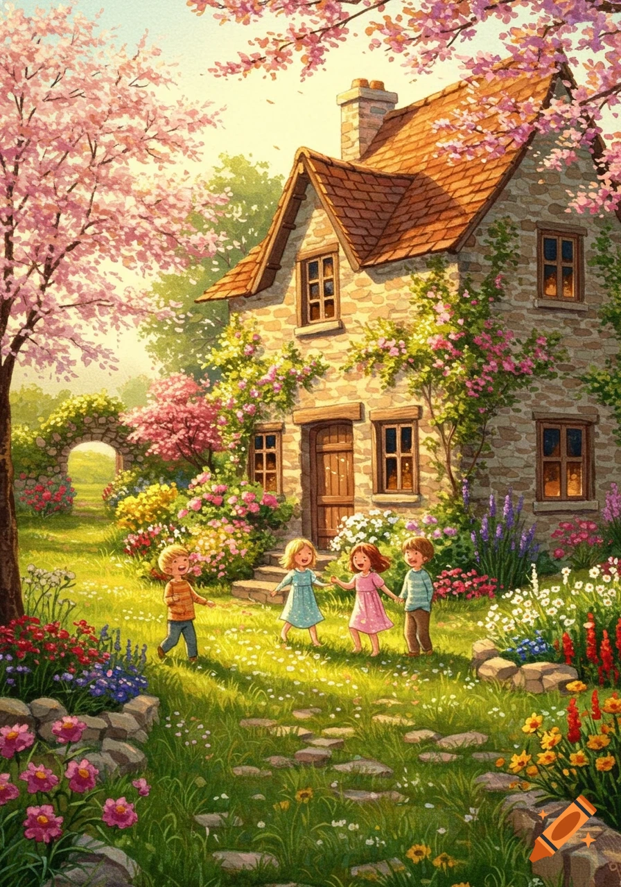 Watercolor illustration of children playing in a vibrant spring garden with a stone cottage and cherry blossoms.