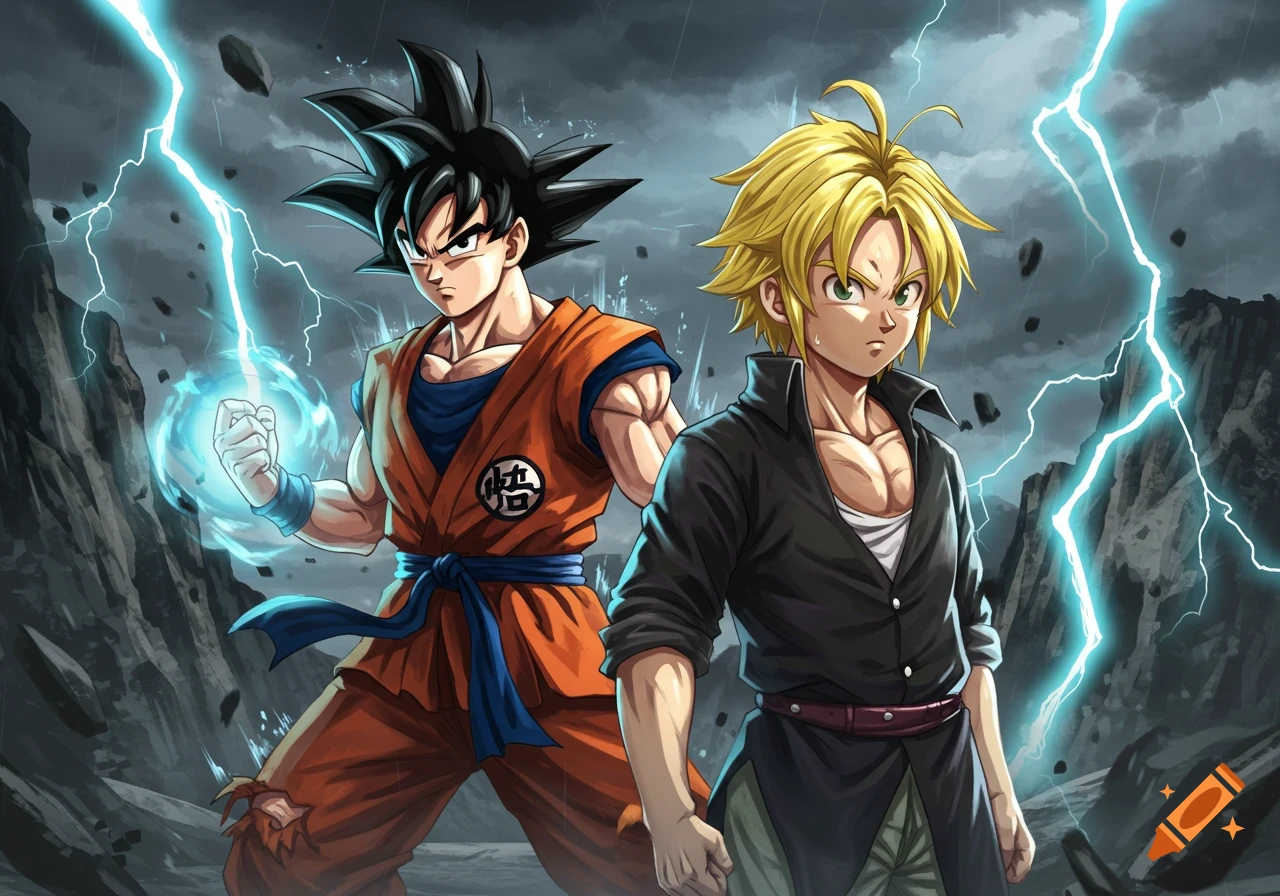 Goku and Meliodas stand ready for battle amidst lightning and debris in an anime art style.