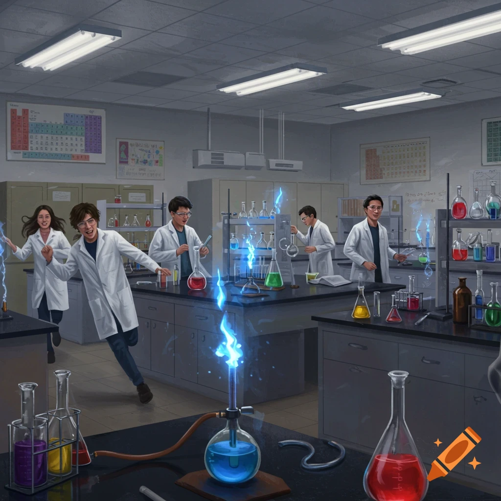 Illustrated scene of students running and working with blue flames in a science laboratory.