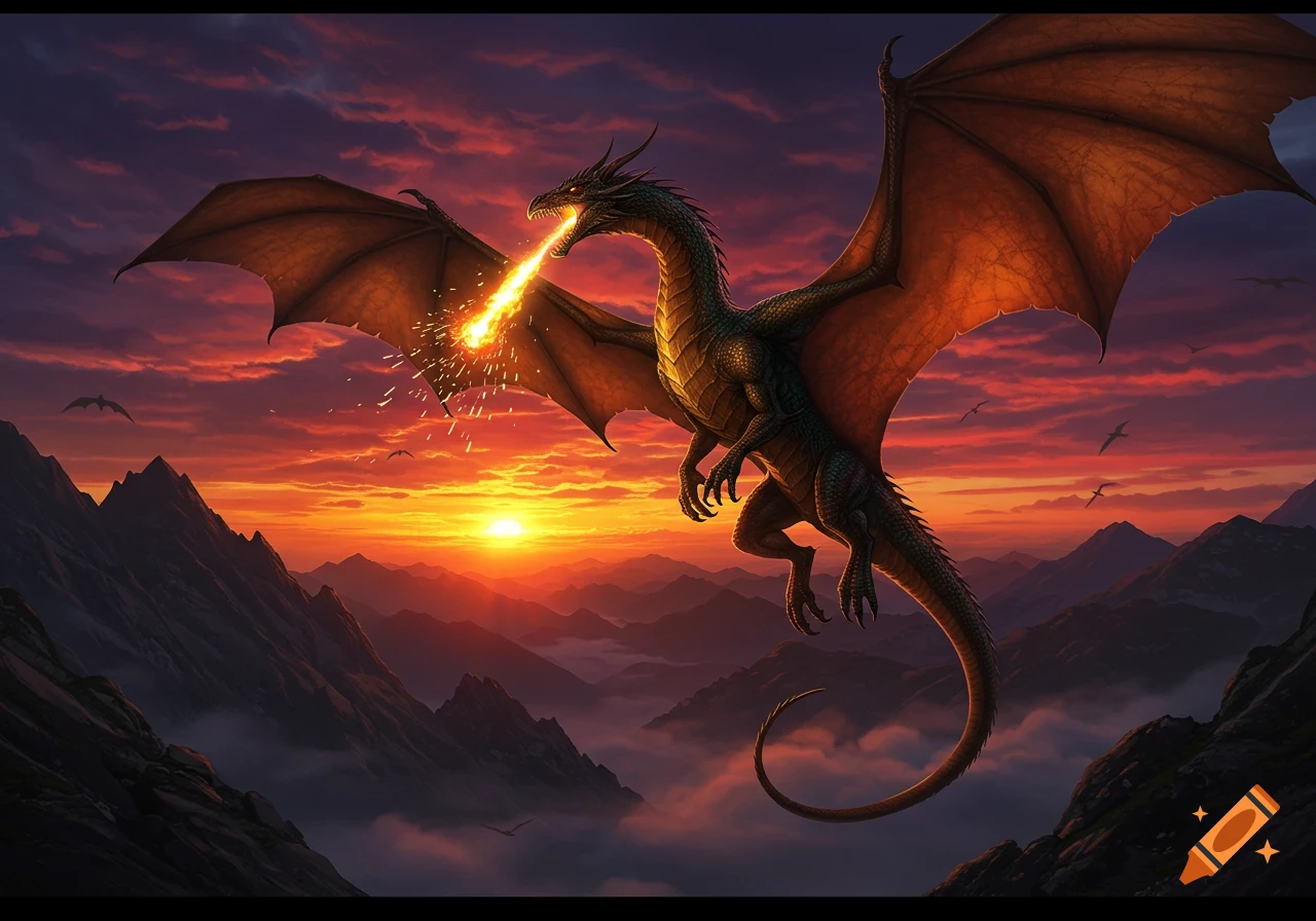 A detailed illustration of a dragon flying over mountains, breathing fire into a vibrant sunset sky.