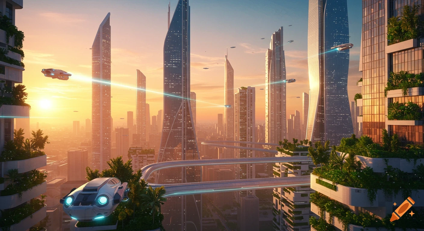 Photorealistic futuristic cityscape with soaring skyscrapers, flying vehicles, and elevated tracks under a sunrise sky.