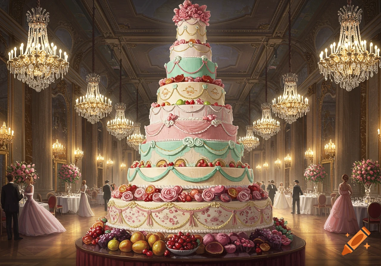 A towering, ornate pastel cake surrounded by fresh fruit, displayed in a grand, chandelier-lit ballroom with formally dressed guests.