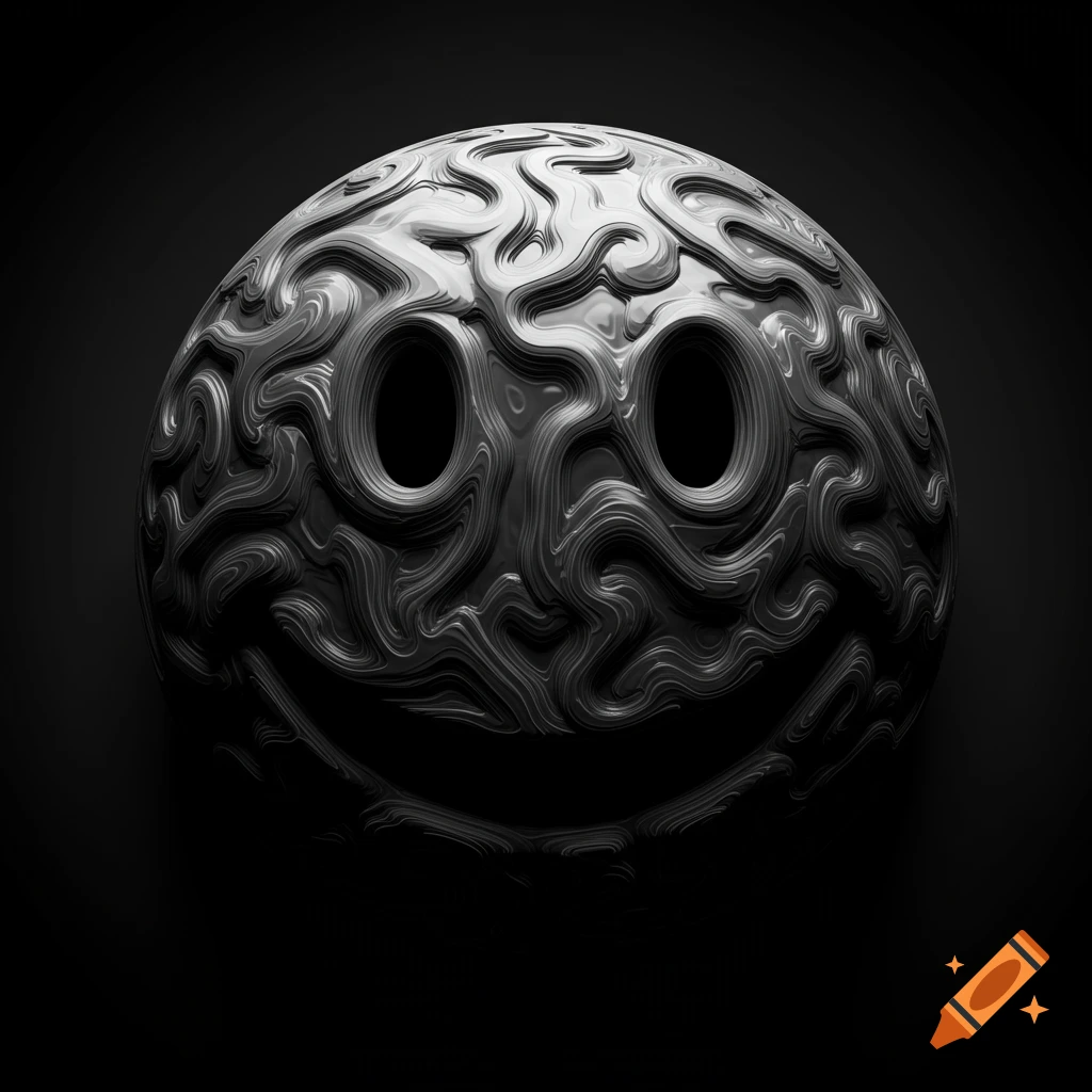 A glossy, metallic abstract smiley face with a textured, brain-like surface and hollow eyes, on a dark background.