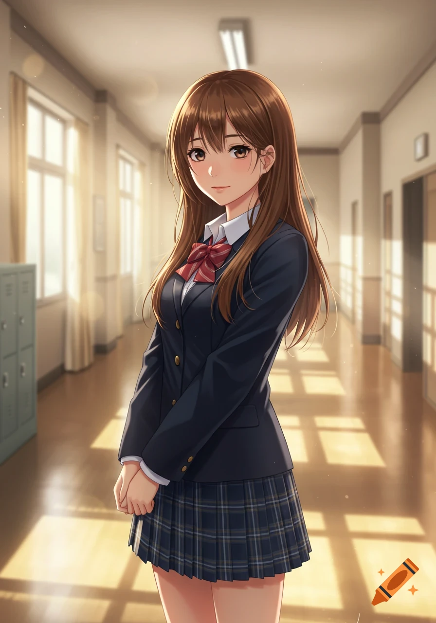 Anime schoolgirl with long brown hair, wearing a navy uniform and plaid skirt, standing shyly in a sunlit school hallway.