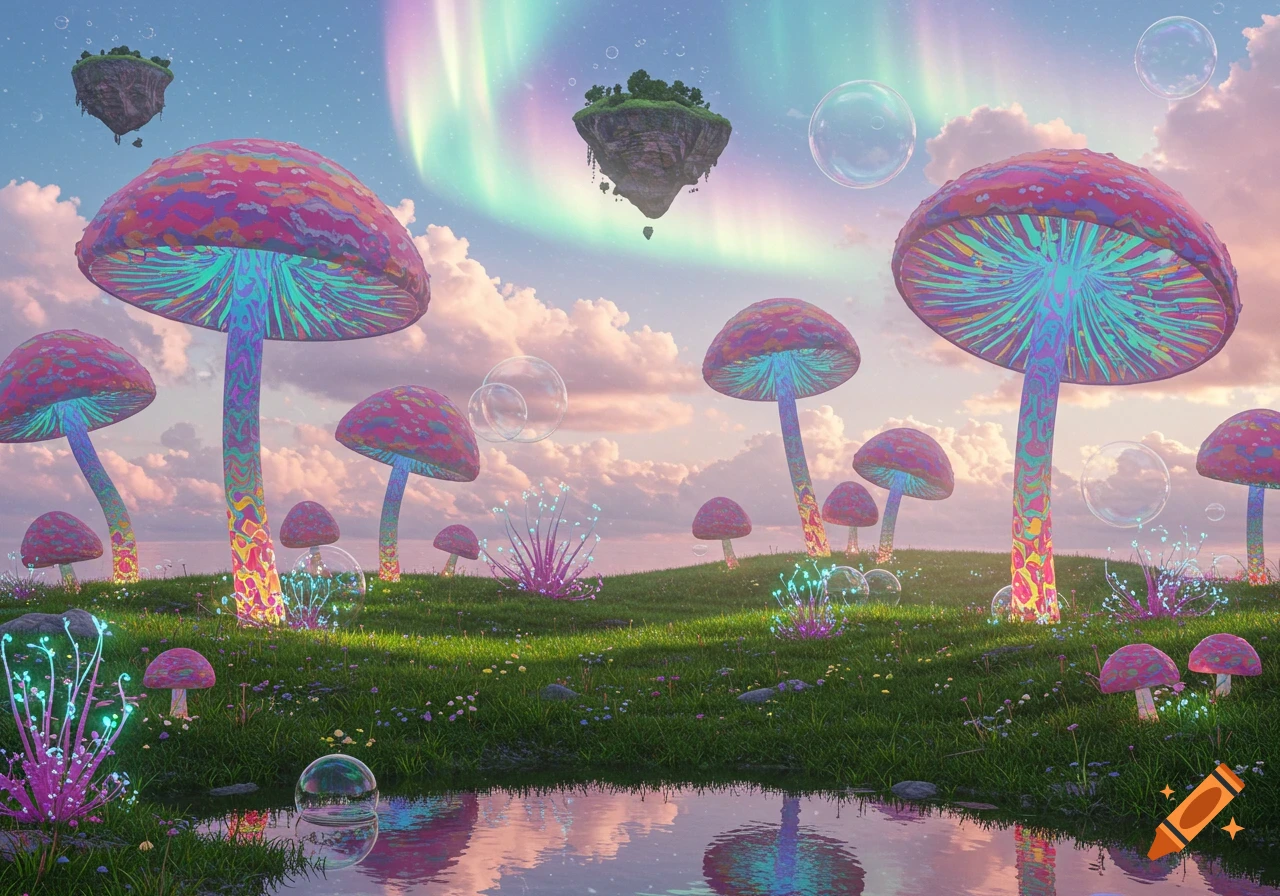 A vibrant surreal landscape with colorful psychedelic mushrooms, floating islands, bubbles, a reflective pond, and a pastel aurora.