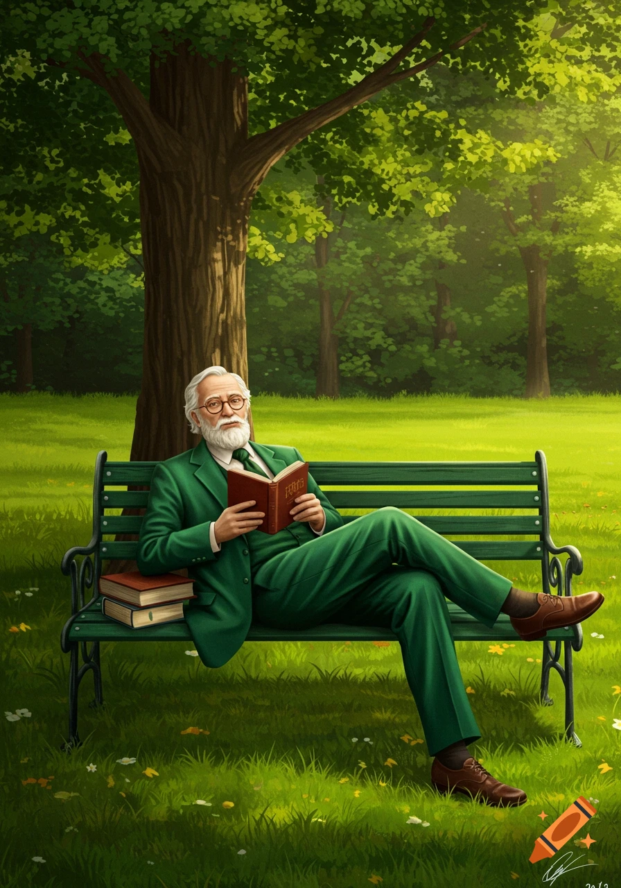 A man with a white beard and glasses, wearing a green suit, sits on a park bench reading a book under a large tree.