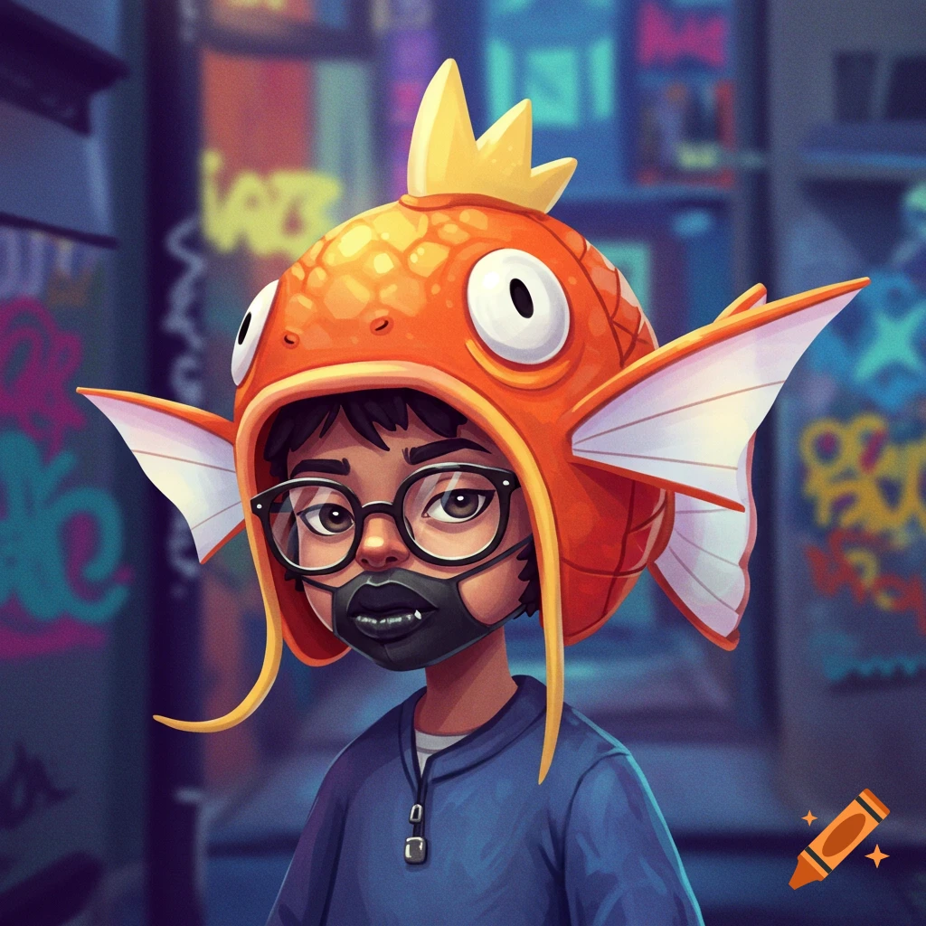 A stylized illustration of a person wearing a large orange Magikarp hat, glasses, and a black mouth mask, against a blurred, graffiti-covered urban background.
