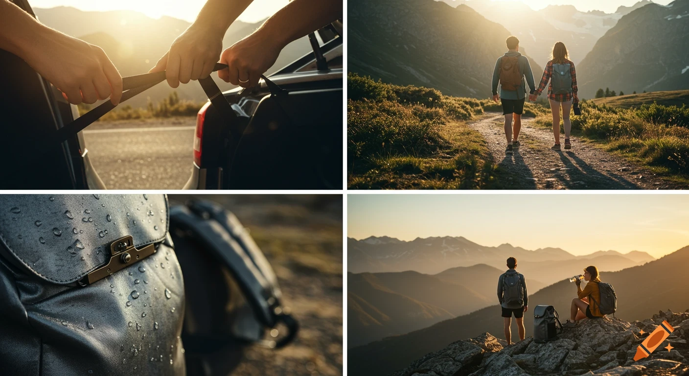 A collage of photorealistic images showing a couple packing for a hike, walking on a mountain trail, and enjoying views from a peak at sunset.