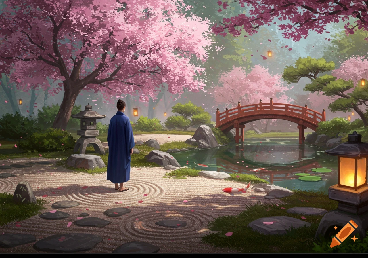 Person in blue robe in a serene Japanese garden with pink cherry blossoms, red bridge, koi fish pond, and stone lanterns. Illustrated.