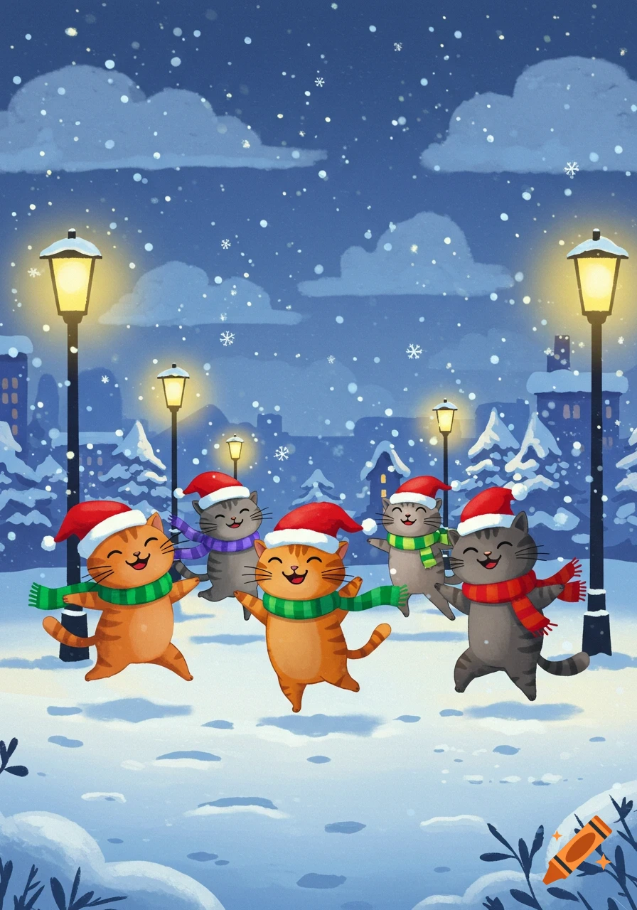 Five cartoon cats wearing Santa hats and scarves dance happily in a snowy winter street scene with lampposts and buildings.