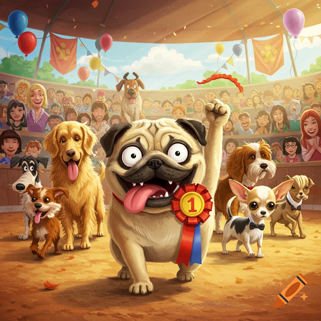 A happy cartoon pug with a first-place ribbon celebrates in a dog competition, with other dogs and an audience.