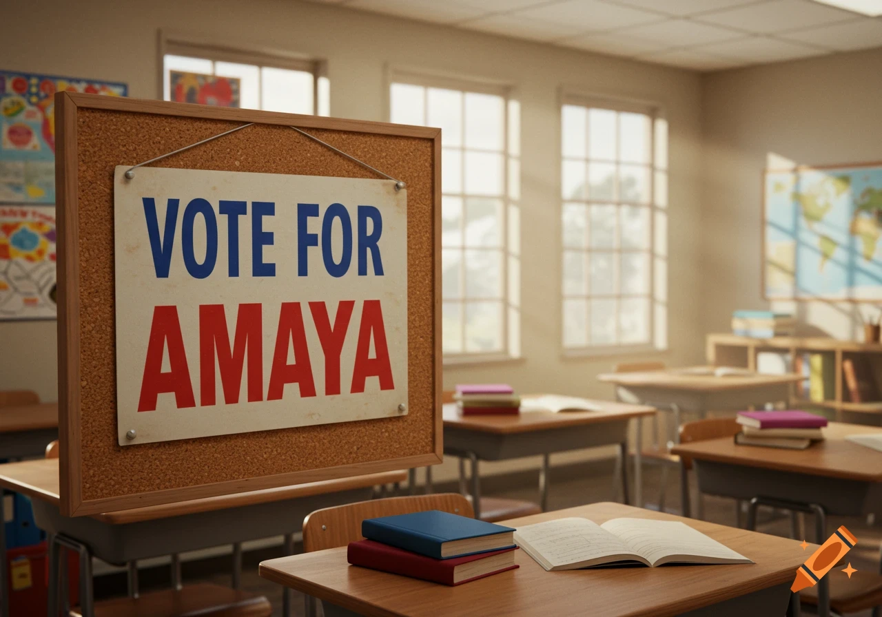 A classroom with a bulletin board holding a 'VOTE FOR AMAYA' sign in the foreground, with desks and books.