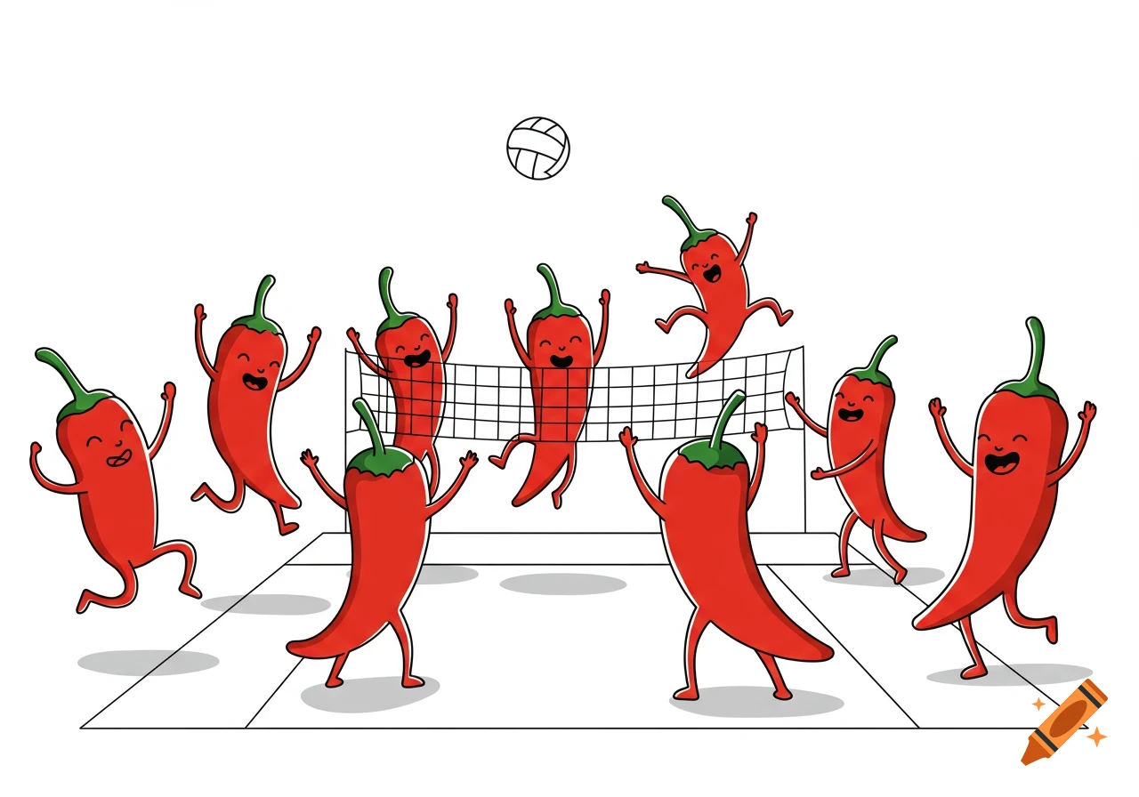 Eight happy red cartoon chili peppers play volleyball on a simple white court.