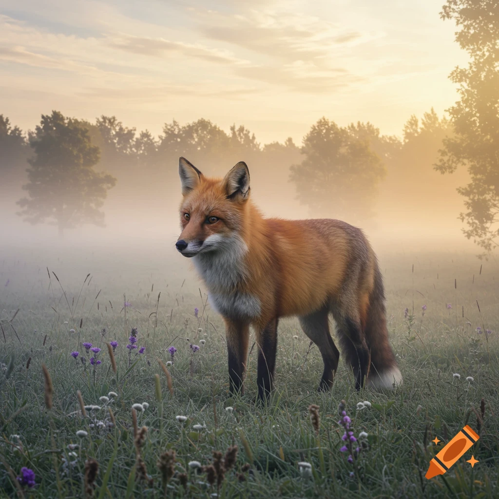 A red fox stands in a misty, grassy field with small purple flowers at sunrise, with trees in the hazy background.