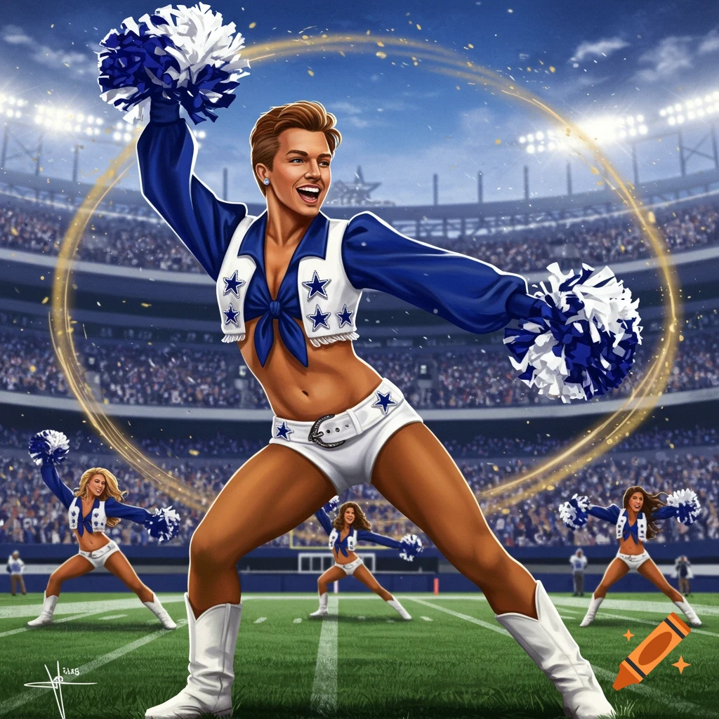 An illustrated male Dallas Cowboys cheerleader poses with blue and white pom-poms on a football field, with other cheerleaders and a stadium crowd in the background.