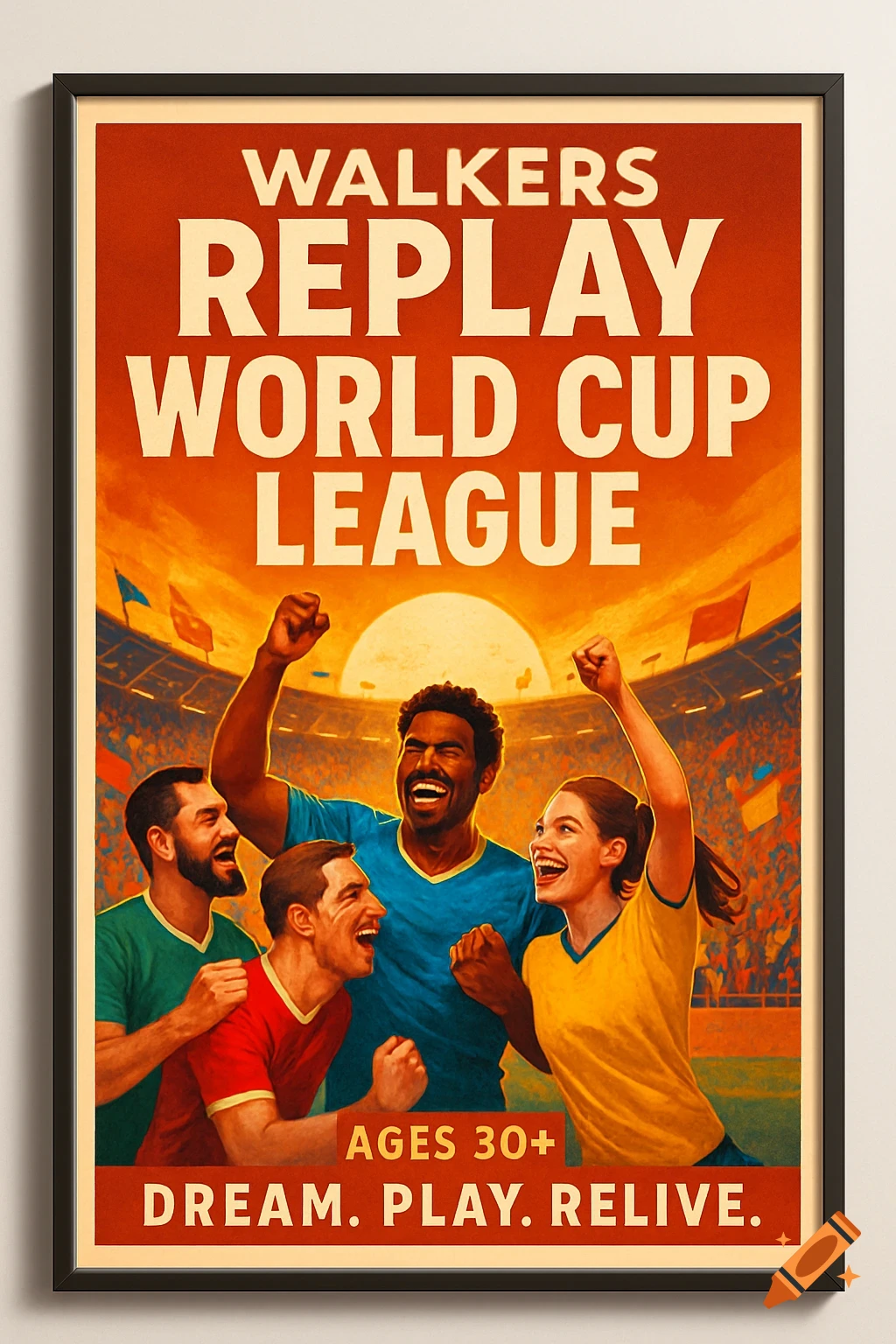 A retro-style poster showing four diverse adults celebrating excitedly at a stadium under text 'WALKERS REPLAY WORLD CUP LEAGUE' and 'AGES 30+'.