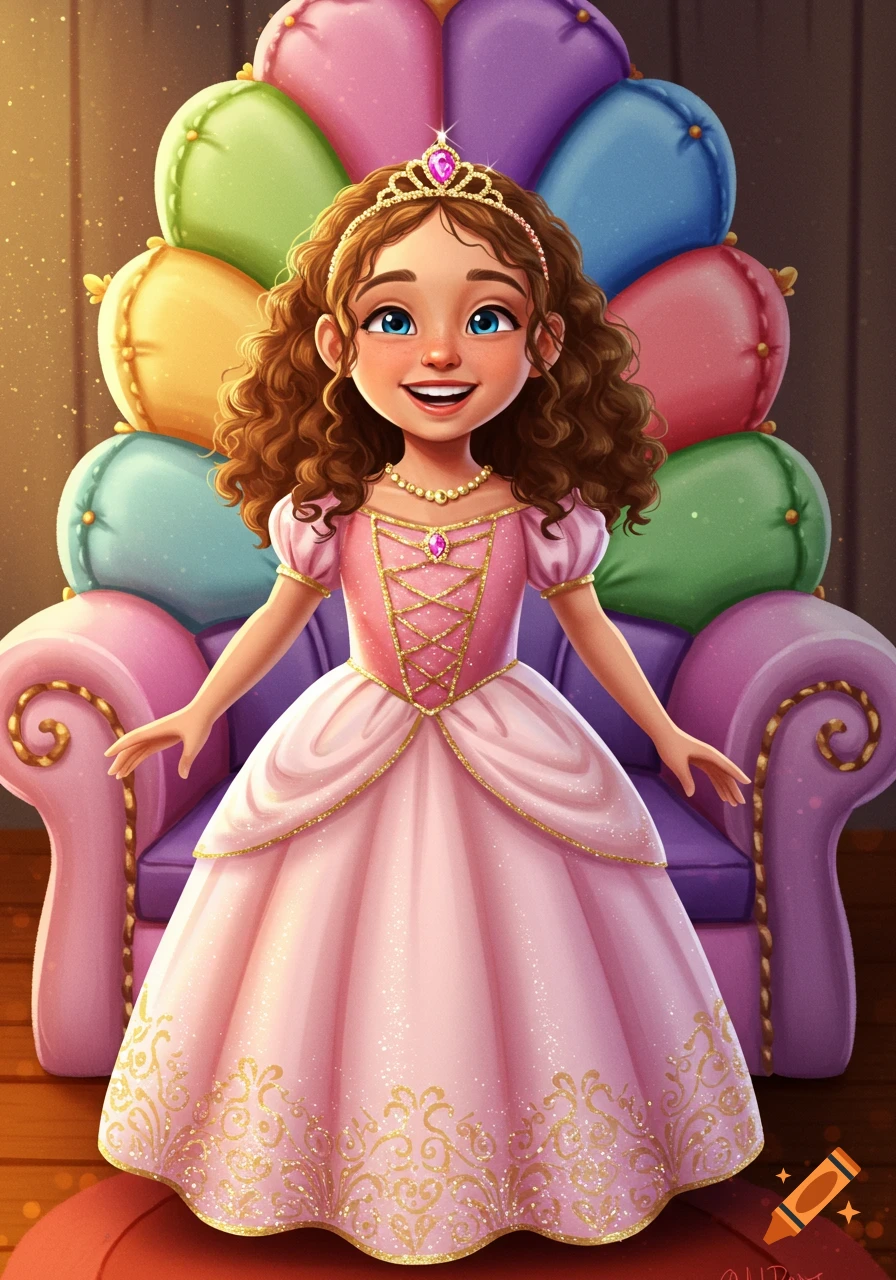 A cheerful, curly-haired girl in a sparkling pink princess dress with gold accents smiles in front of a colorful pillow throne in an illustration.