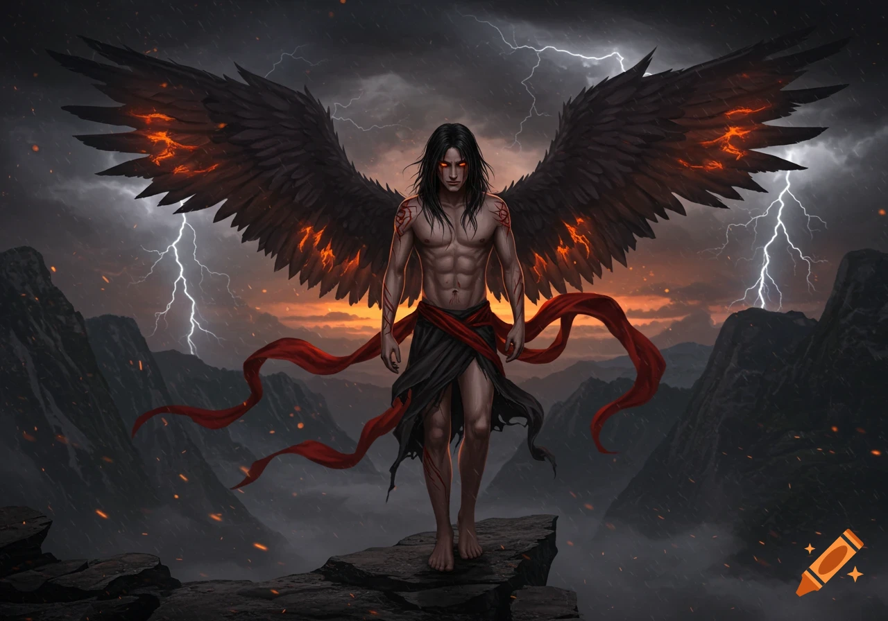 Dark fantasy depiction of a bare-chested male fallen angel with black fiery wings and red eyes, standing on rocks under a stormy sky.