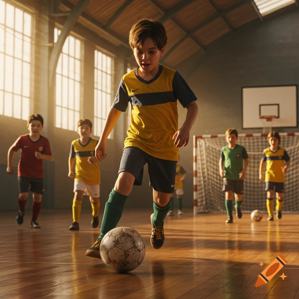 A boy in a yellow and blue jersey dribbles a soccer ball on an indoor court, with other children and a goal in the sunny background.