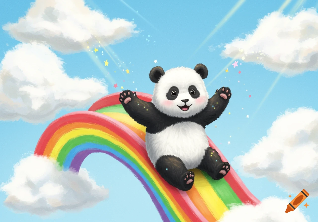 A happy, fluffy panda cub slides down a vibrant rainbow, surrounded by white clouds, sparkling stars, and sun rays in a cheerful cartoon style.