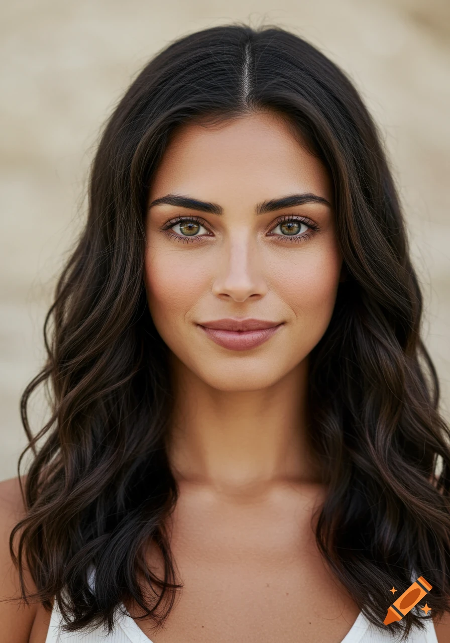 Close-up photorealistic portrait of a woman with long dark wavy hair, hazel eyes, and a gentle smile.