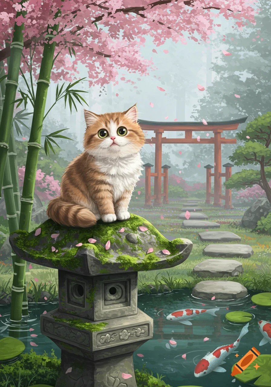 A fluffy orange cat on a mossy stone lantern in a Japanese garden with cherry blossoms, bamboo, koi fish, and a red torii gate.