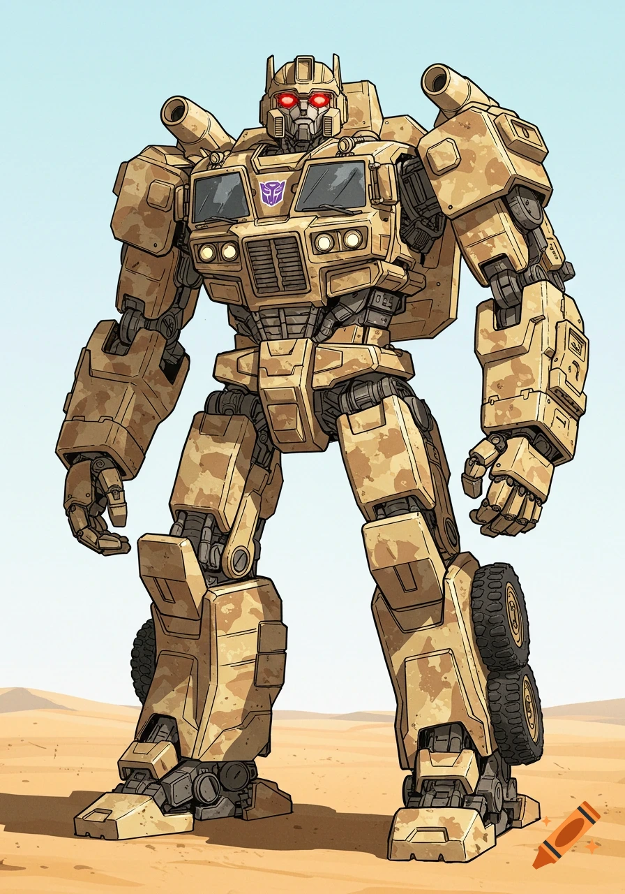 A desert camouflage military style Transformer robot with red eyes stands in a desert, in comic art style.
