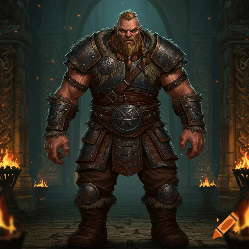 Muscular, bearded Viking warrior in ornate armor stands in a dark stone hall with burning torches, in a fantasy RPG art style.