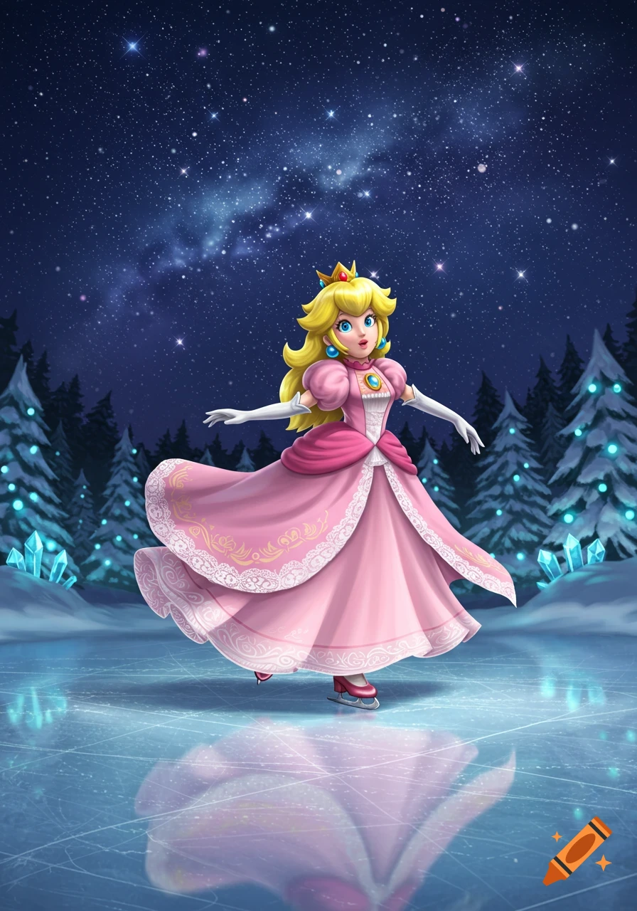 Princess Peach ice skating in a pink gown on a frozen pond under a starry winter sky with snow-covered trees.