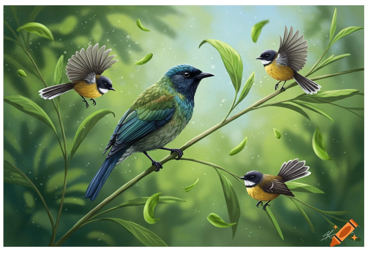 An illustration of a vibrant green and blue Tūī bird on a branch, surrounded by three black and yellow fantails and lush green foliage.