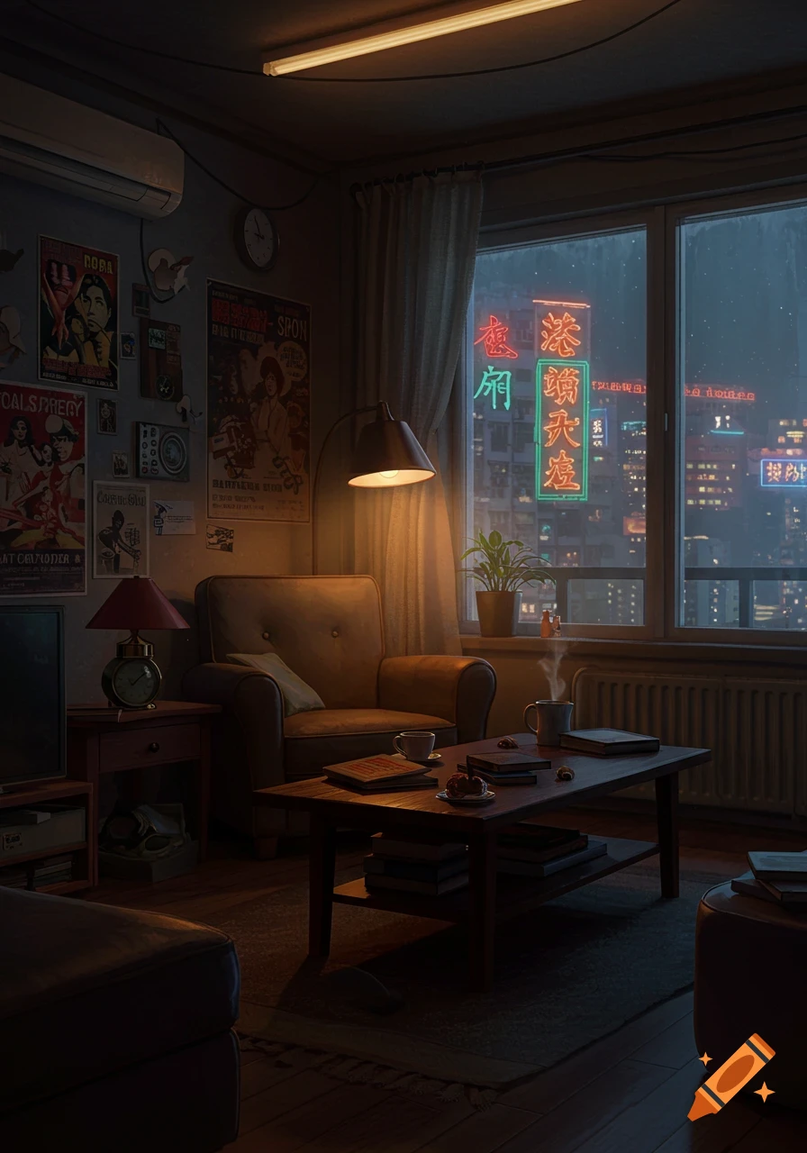 A dimly lit, cozy apartment living room at night with a chair, coffee table, and posters, overlooking a city skyline with neon signs.