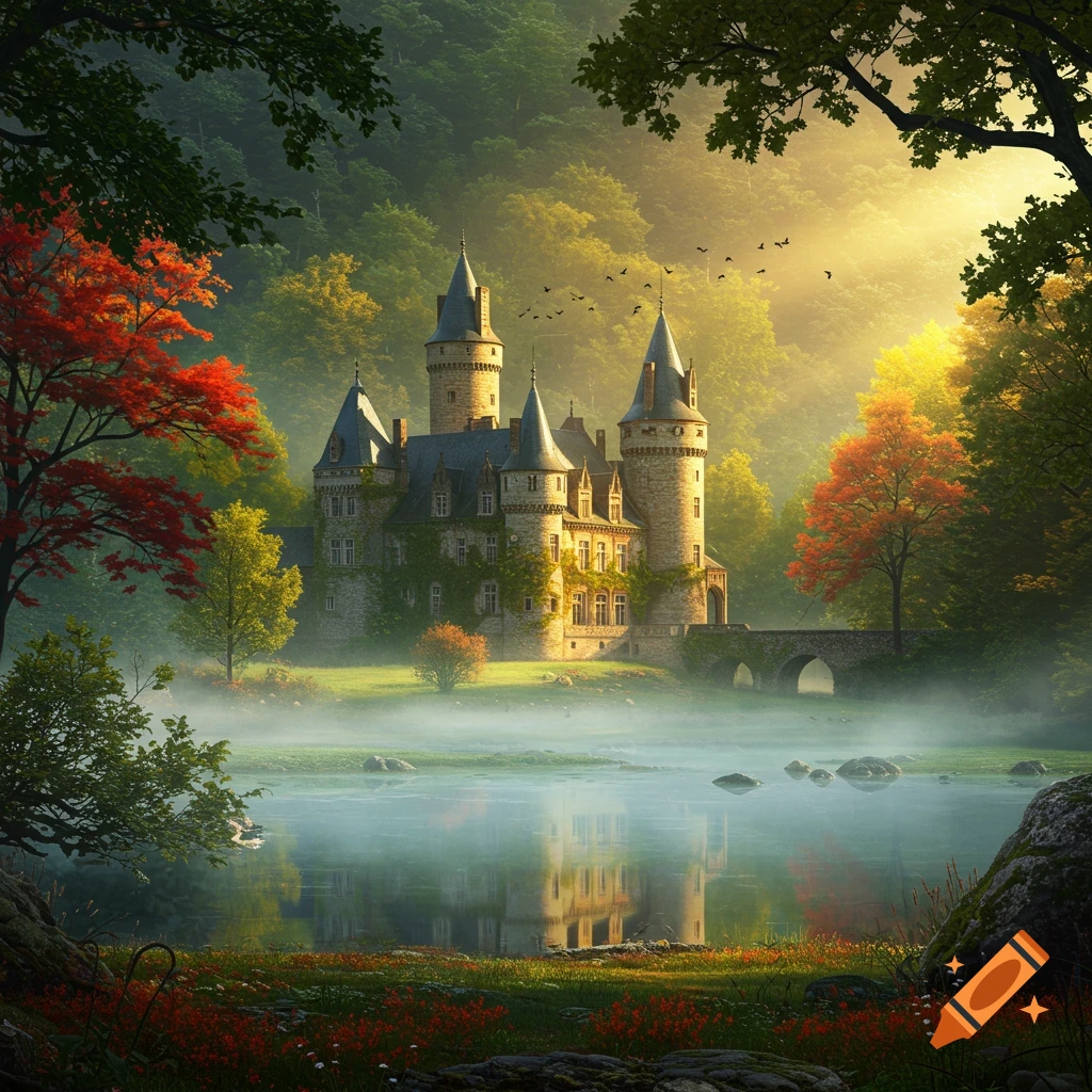 A fairytale castle with turrets and spires surrounded by a lush, misty forest, reflected in a serene lake at sunrise.