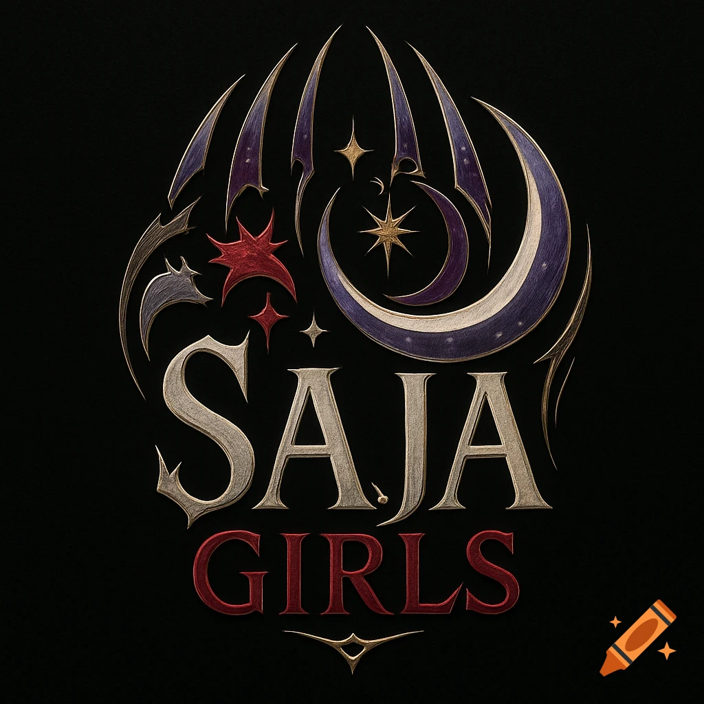 An elegant logo for Saja Girls with stylized gold letters 'SAJA GIRLS' against a black background, surrounded by mystical purple moons, stars, and red claw-like elements.