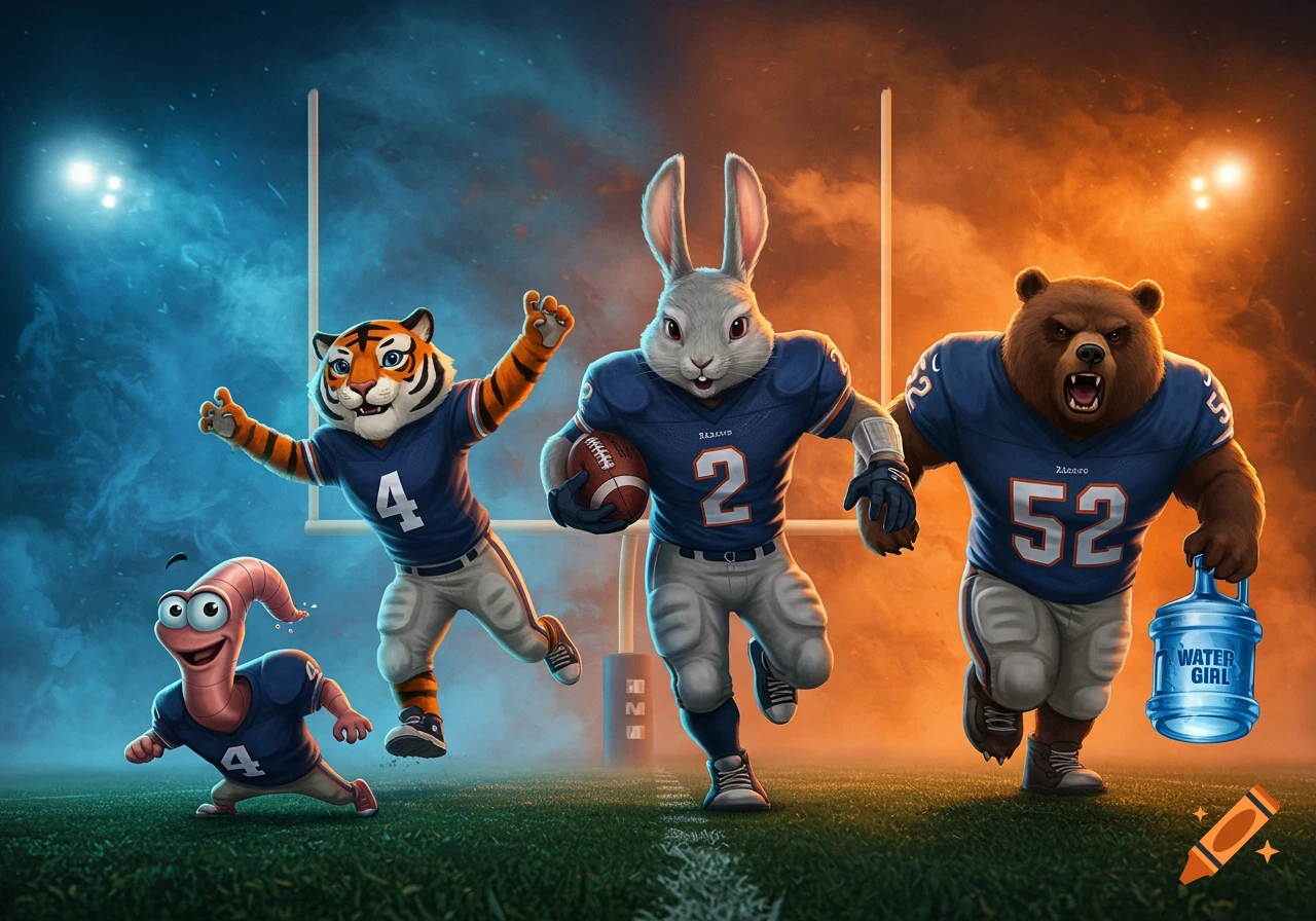 A cartoon worm, tiger, rabbit, and bear in football jerseys on a field under a dramatic blue and orange sky, with the bear carrying a 'WATER GIRL' jug.