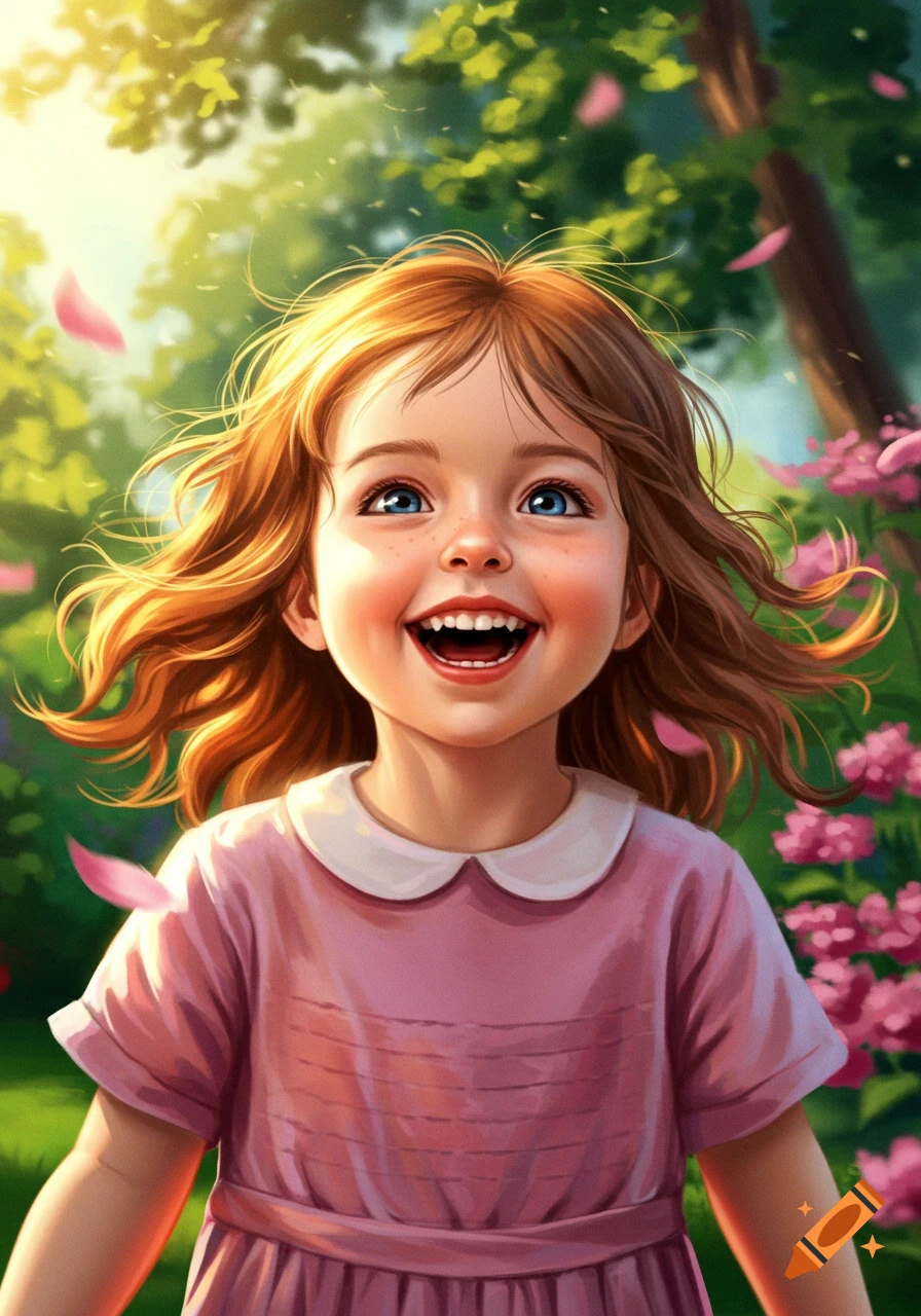 A smiling little girl with blue eyes and reddish-brown hair, wearing a pink dress, looks up joyfully in a sunny garden.