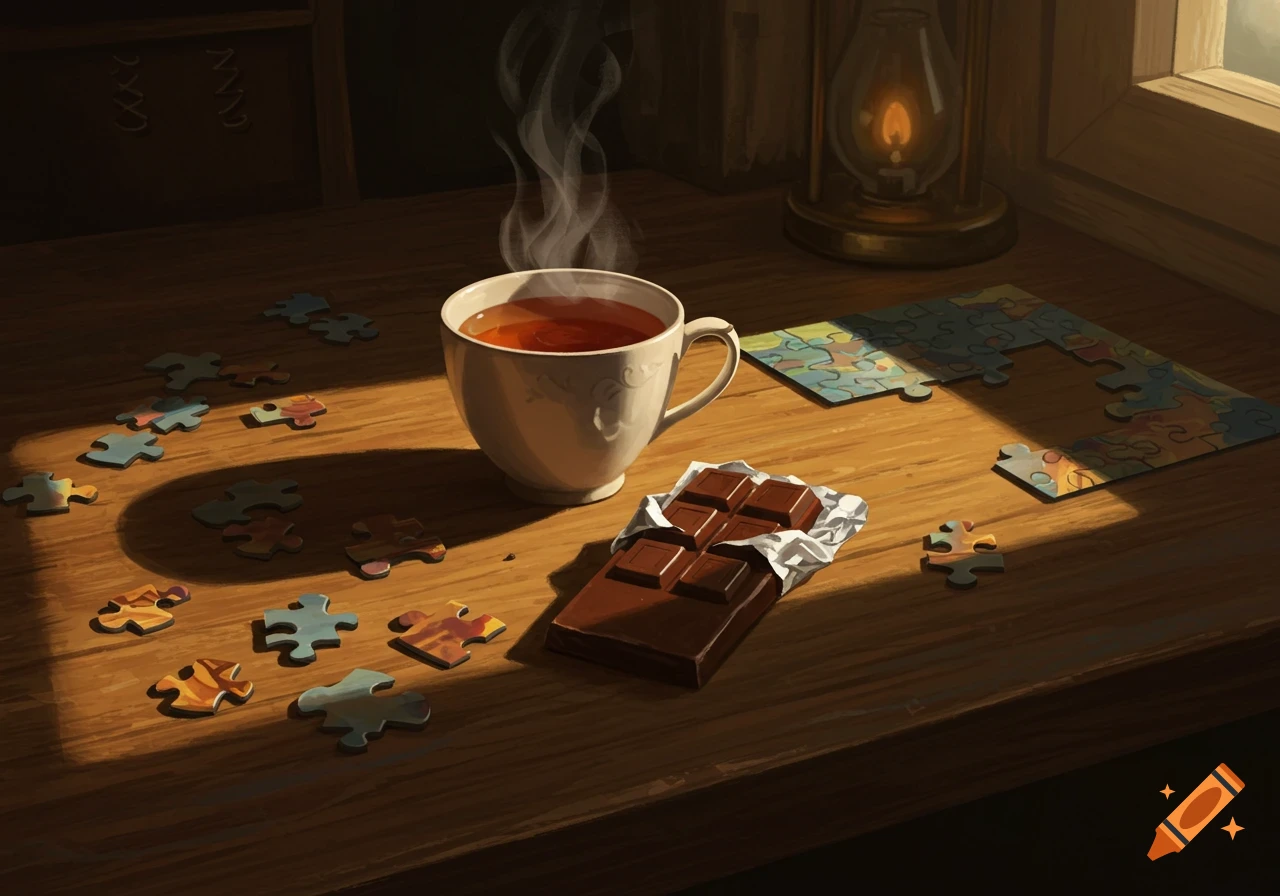 A cup of steaming tea, an unwrapped dark chocolate bar, and scattered puzzle pieces on a sunlit wooden table, digital art.