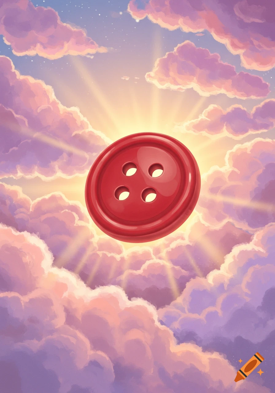 A vibrant red four-hole button floats among fluffy pink and purple clouds with bright sun rays beaming from behind it.