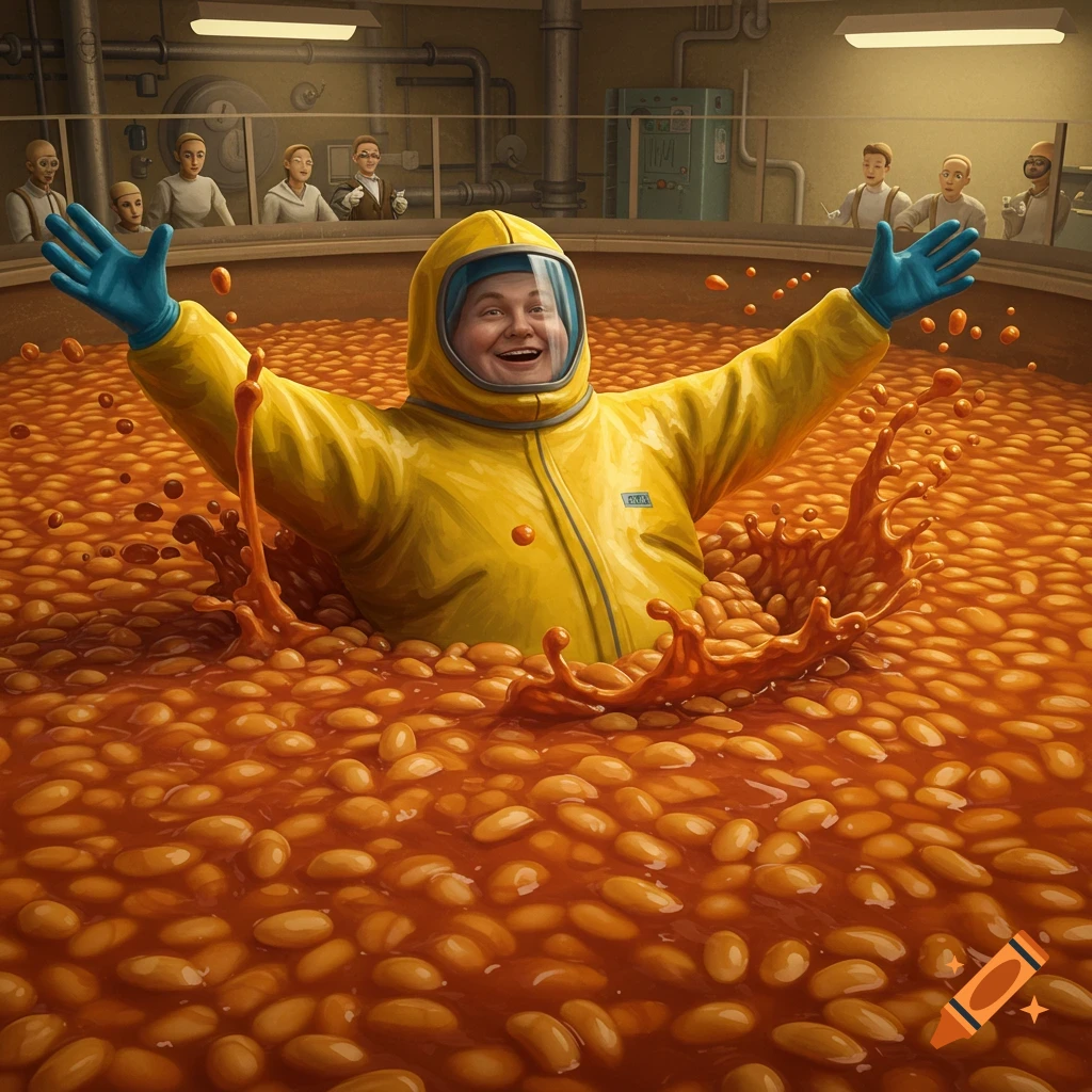 A man in a yellow hazmat suit gleefully splashes in a large vat full of baked beans in an industrial factory setting.