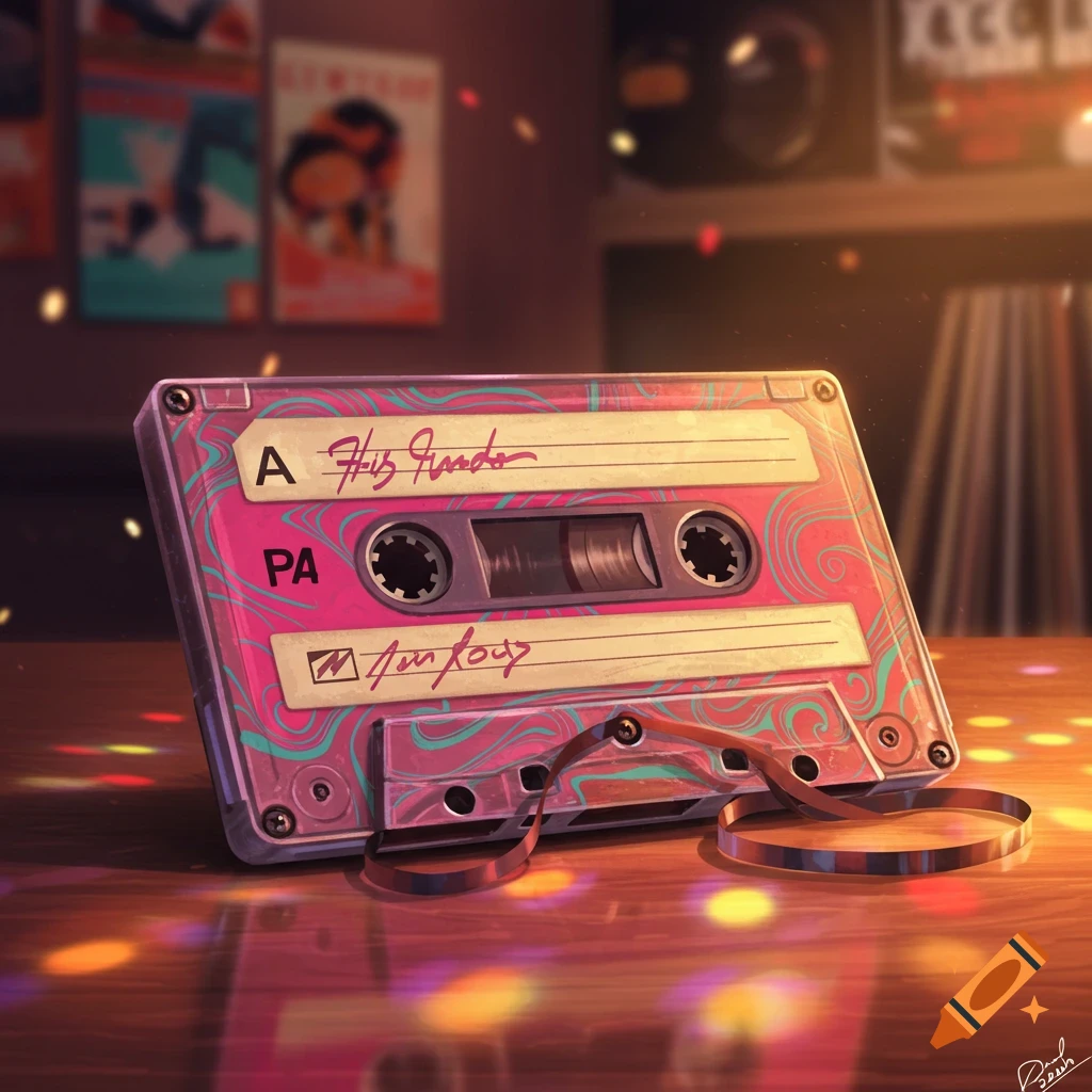 A vibrant pink retro cassette tape with tangled magnetic tape on a light-dappled wooden surface, with blurred music posters in the background, in an illustrated style.