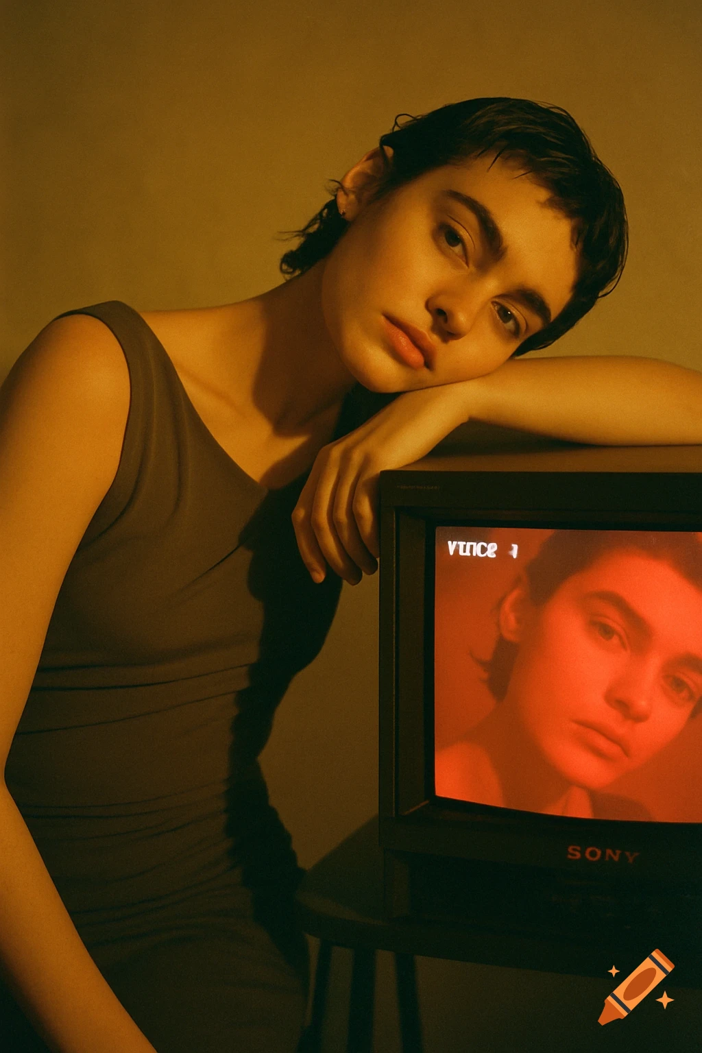 A woman with short dark hair leans on a retro CRT TV, which displays her face in red tones. Warm yellow lighting, vintage style.