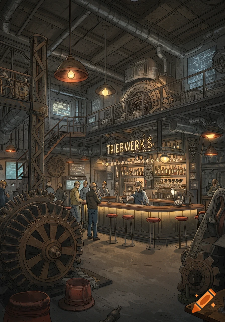 An intricate steampunk-style bar and factory interior with workers in hard hats enjoying drinks at a long wooden bar, surrounded by large gears, pipes, and machinery.