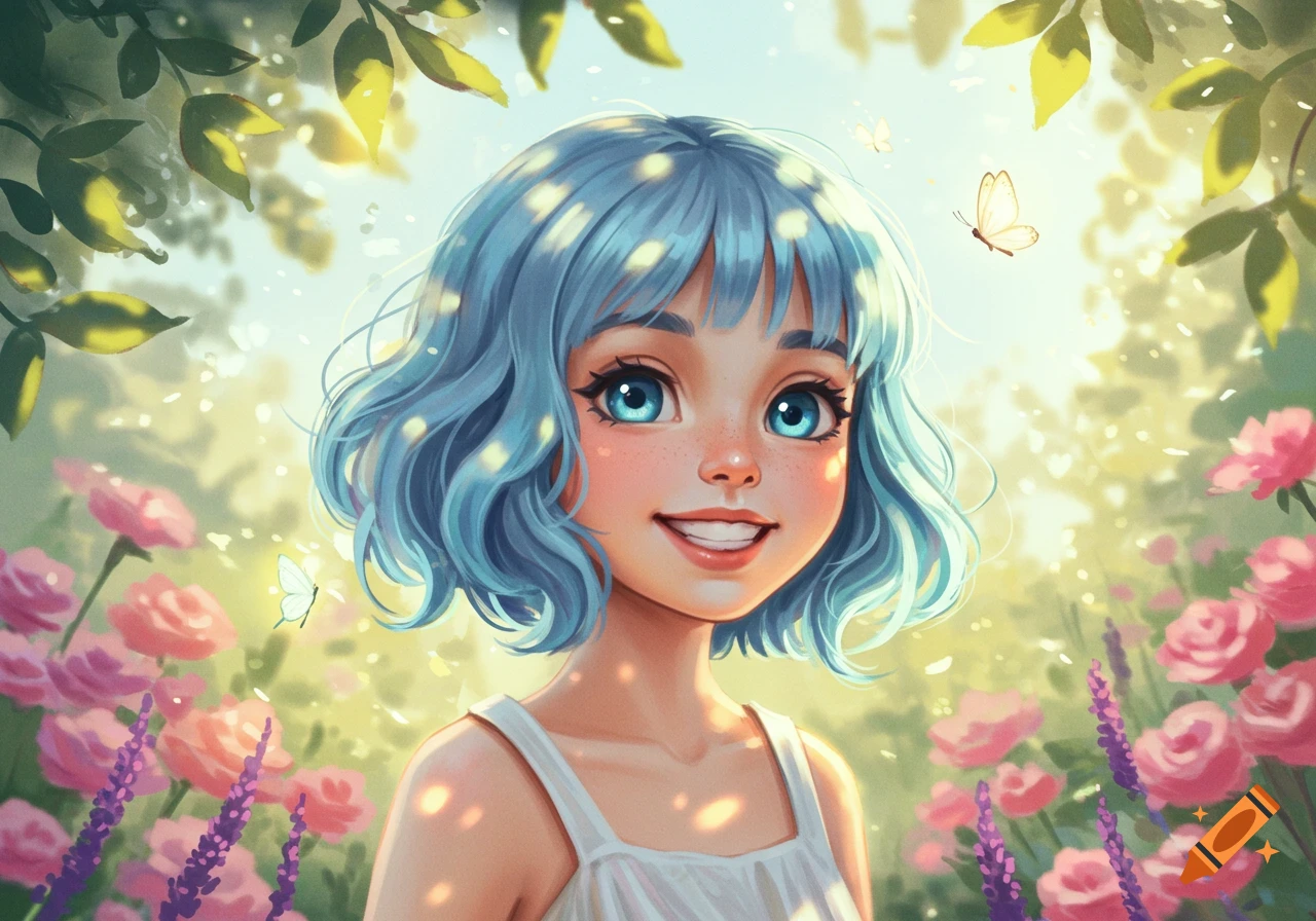 A cute anime girl with short blue hair, big blue eyes, and a wide smile stands in a sunny, flower-filled garden with butterflies.