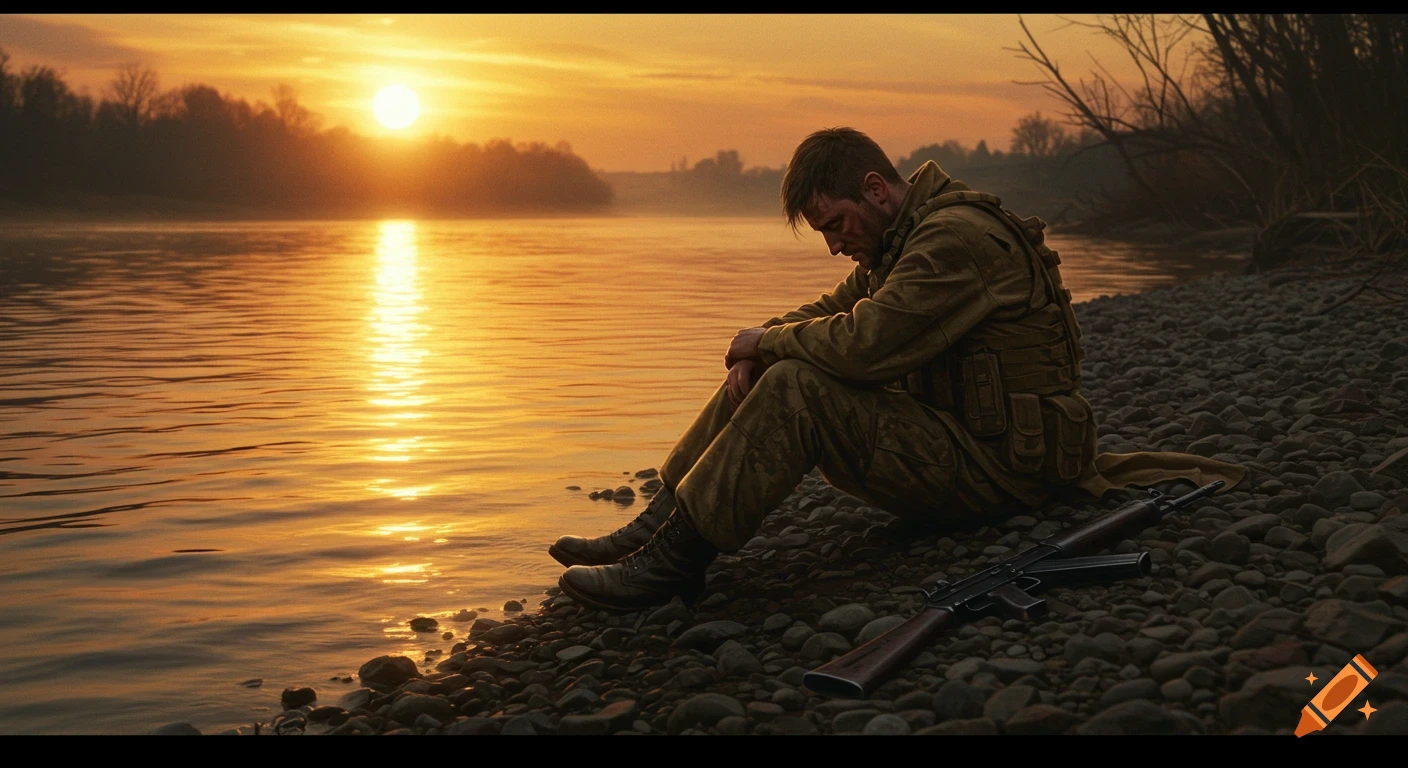 A distressed male soldier in uniform sits on a pebbled riverbank at sunset, with a rifle beside him, in a cinematic, photorealistic style.