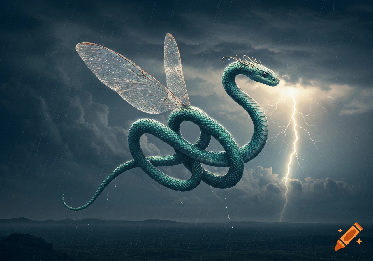 A teal-colored winged snake with translucent wings floats in a stormy sky with a bright lightning strike and falling rain.