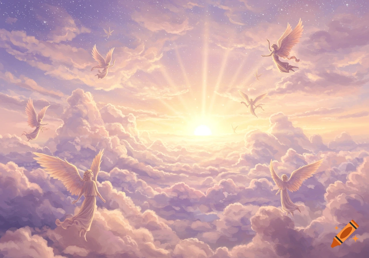 Angels with large wings fly through a vibrant, heavenly cloudscape bathed in golden light from a central sunburst.